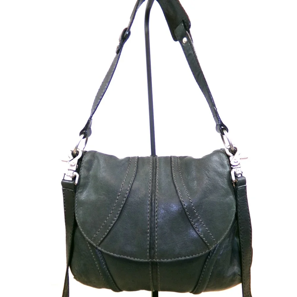 Fossil Fifty Four Leather Purse Dark Gray Shouder Bag Crossbody Strap 12.5